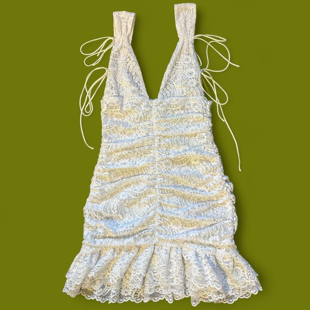 For Love & Lemons Jamie Mini Dress White Lace Victorian Ruffle Dress - XS